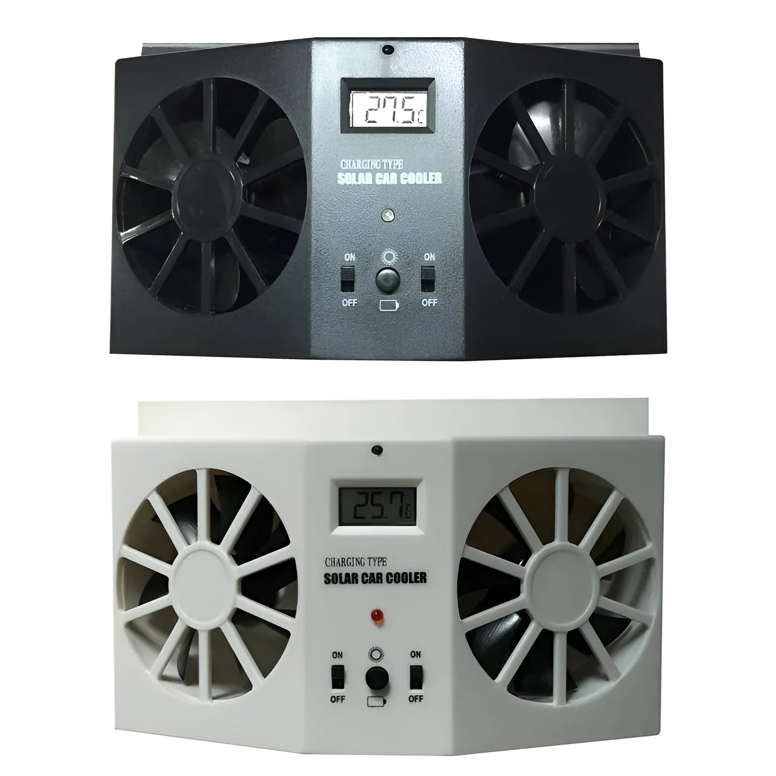 2W solar car exhaust fan with three-speed control and 800 mAh battery, white plastic blades