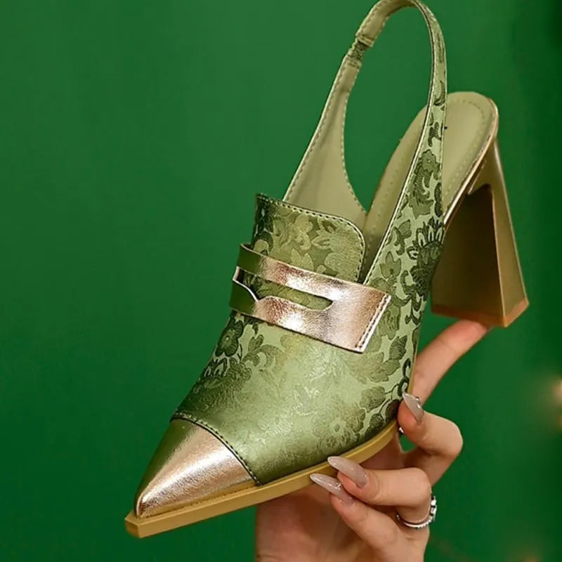 Korean style women's high heel sandals with chunky block heel, pointed toe, and elastic ankle strap in microfiber.