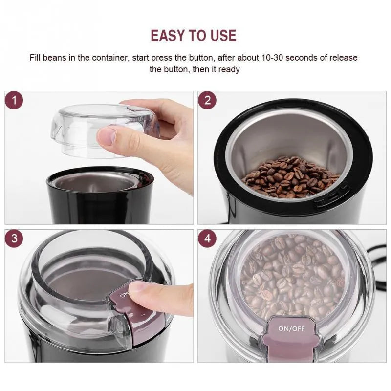Black mini electric grinder with stainless steel liner and 400W motor for coffee beans and spices