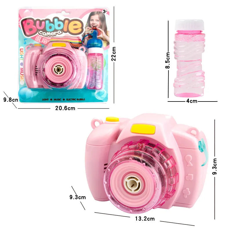 Yellow, green, red, and pink camera-shaped automatic bubble blowing machine toy for kids on a white background.