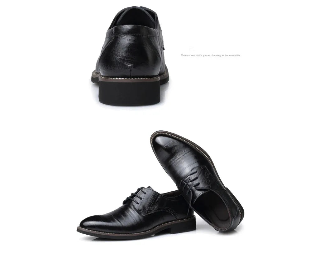 Men's plain toe dress shoes with rivet details, rubber sole, available in black, blue, brown, yellow, sizes 38-48