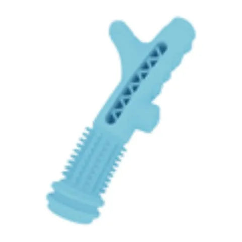 Blue TPR dental tree branch shaped chew toy for a small dog on a wooden floor.