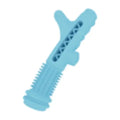 Blue TPR dental tree branch shaped chew toy for a small dog on a wooden floor.