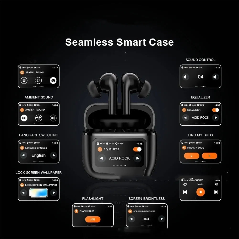 Wireless Bluetooth headset with touch colour screen in black, silver, and champagne colour options