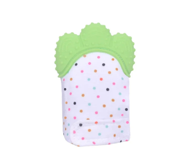 BPA-free silicone baby teether glove fastened with a white Velcro strap on a baby's hand