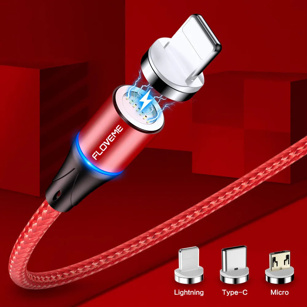 Black magnetic charging cable with LED light indicator for Apple and Android smartphones