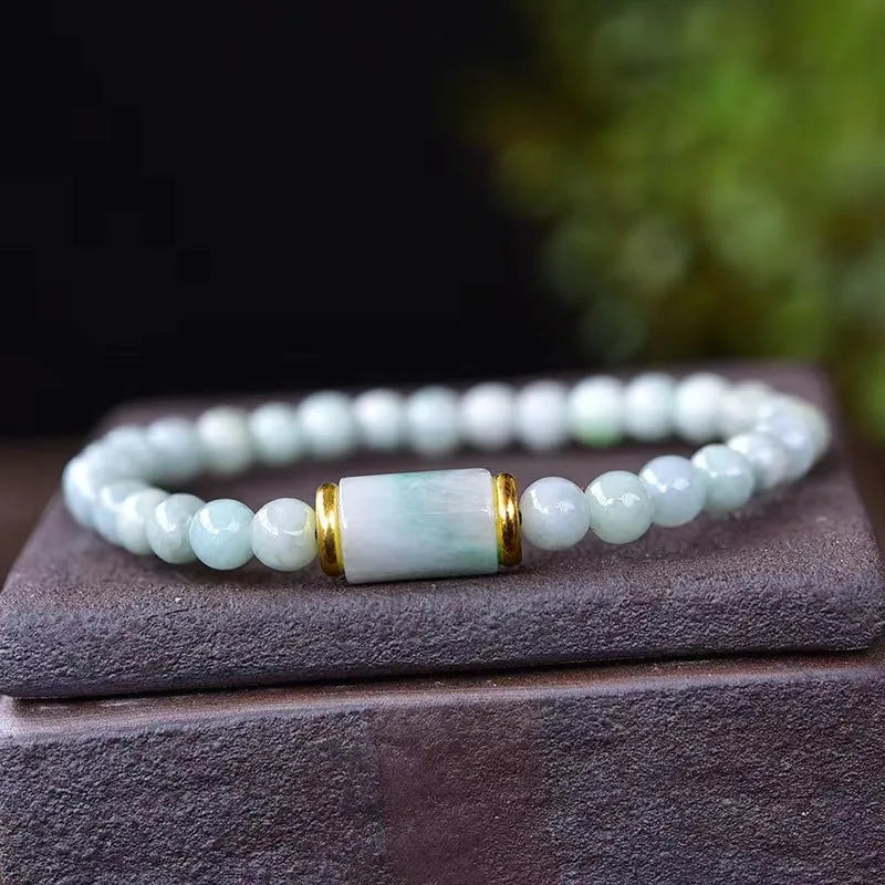 Natural Myanmar jade bracelet with round emerald ice jade beads in ethnic geometric design