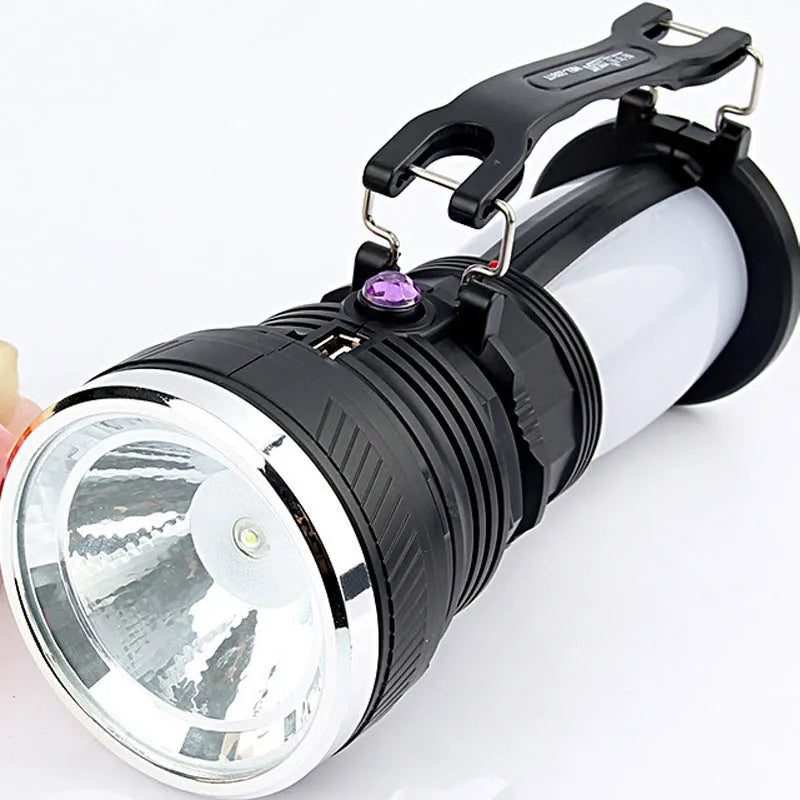 Black solar charging LED emergency flashlight with USB port for outdoor activities