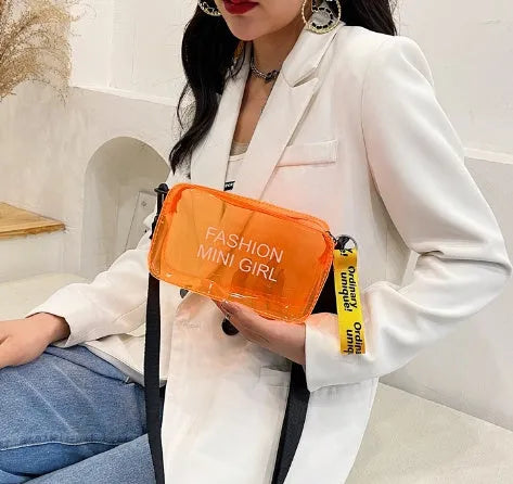 Transparent square jelly women's shoulder bag with adjustable strap shown in multiple colours.