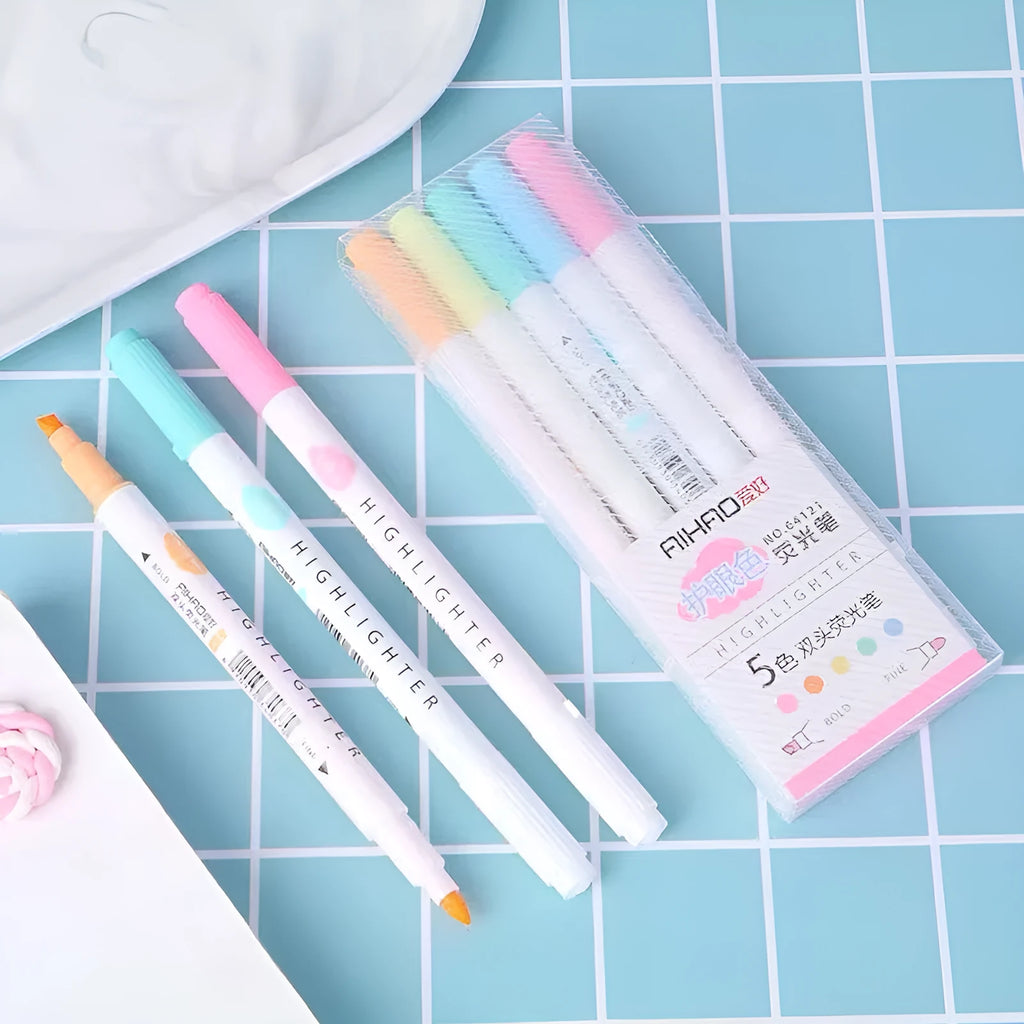 Set of five double-head gel pens with highlighter and writing tips in yellow, pink, green, blue, and orange colours