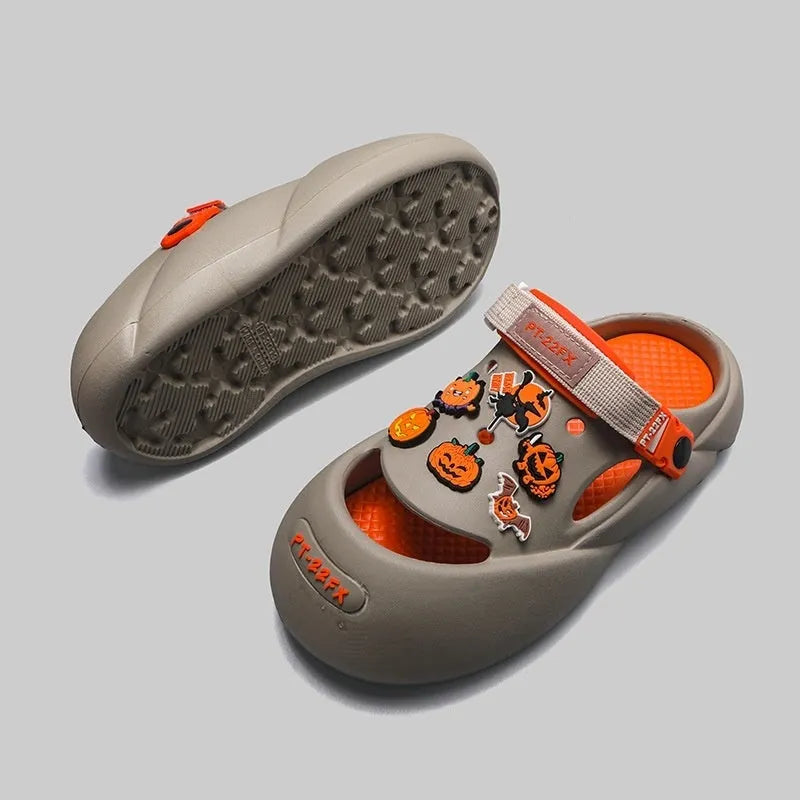 Men's grey EVA beach shoes with hole-patterned baotou design for summer outdoor wear