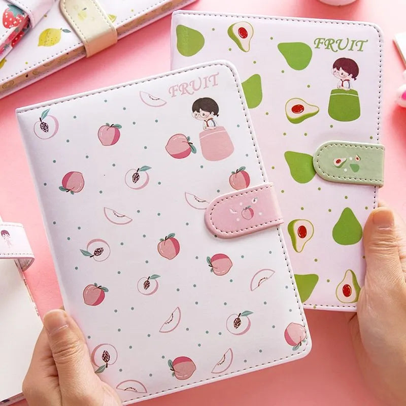 A6 fruit print notebook planner with magnetic buckle and colourful illustration of a lemon on imitation leather cover