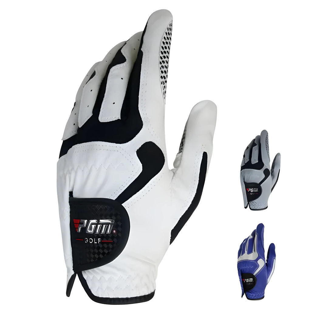 Golf microfiber gloves with anti-skid particles, split finger design in blue, grey and white colours