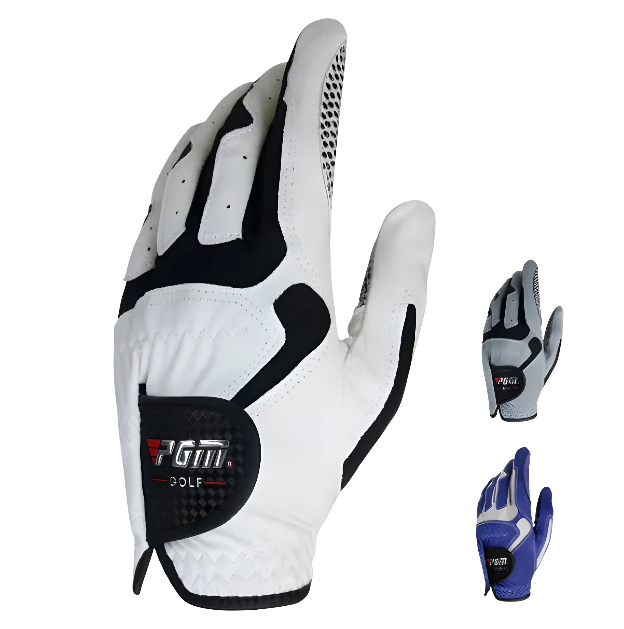 Golf microfiber gloves with anti-skid particles, split finger design in blue, grey and white colours