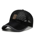 Breathable mesh baseball cap in black with adjustable back strap, side view