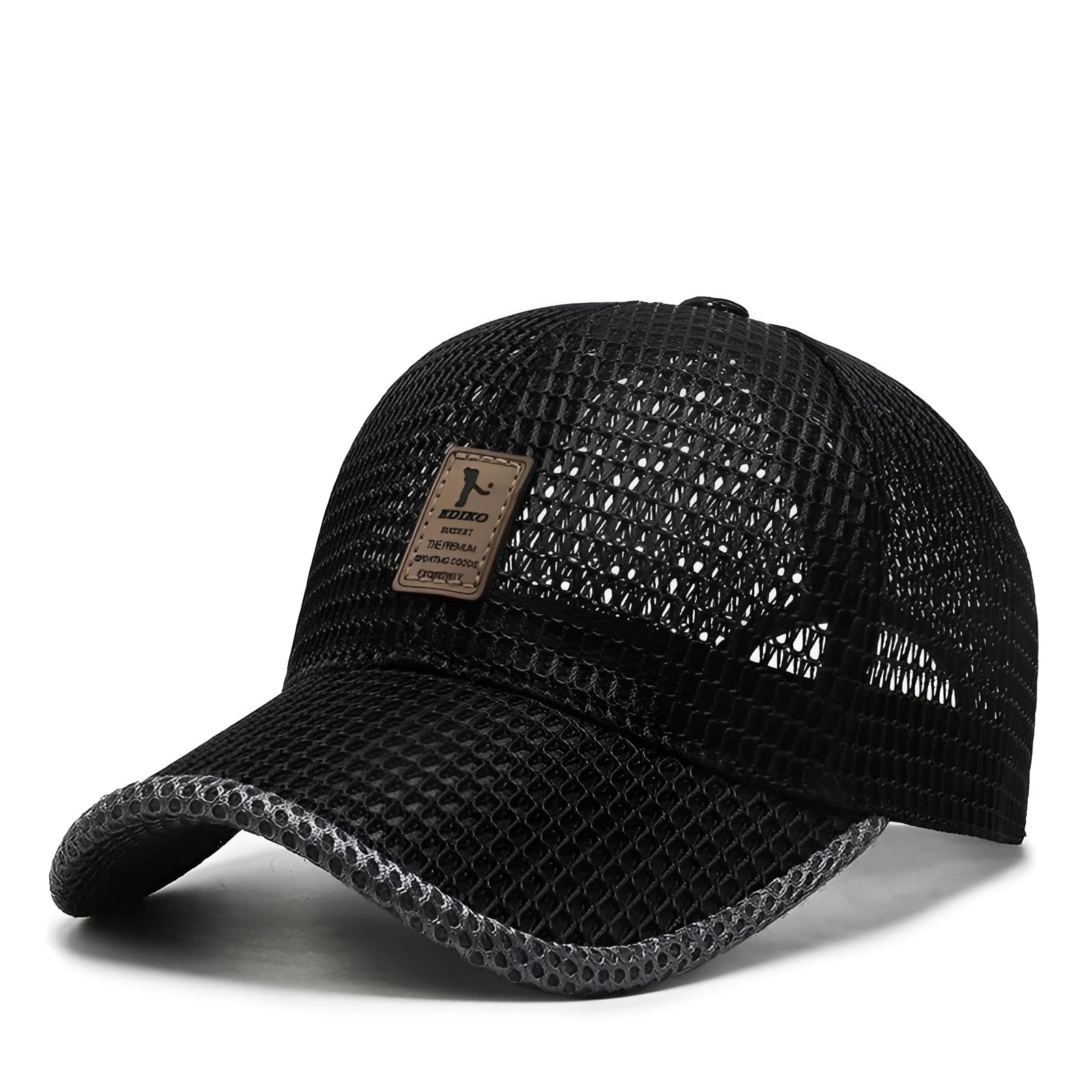 Breathable mesh baseball cap in black with adjustable back strap, side view