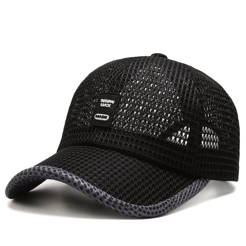 Breathable mesh baseball cap in black with adjustable back strap, side view