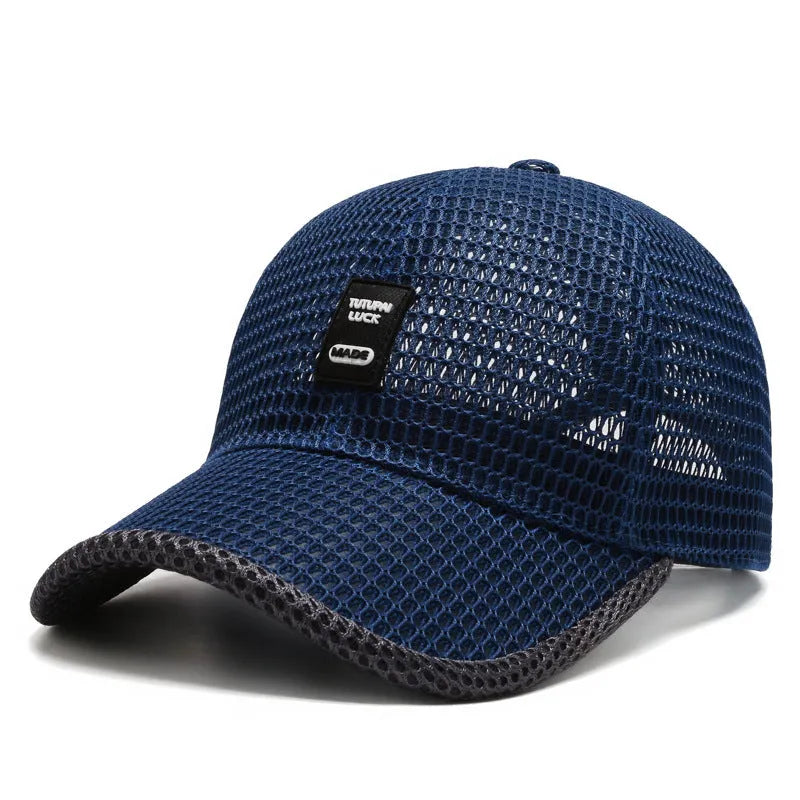 Breathable mesh baseball cap in black with adjustable back strap, side view