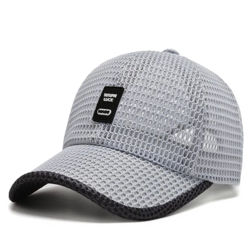 Breathable mesh baseball cap in black with adjustable back strap, side view