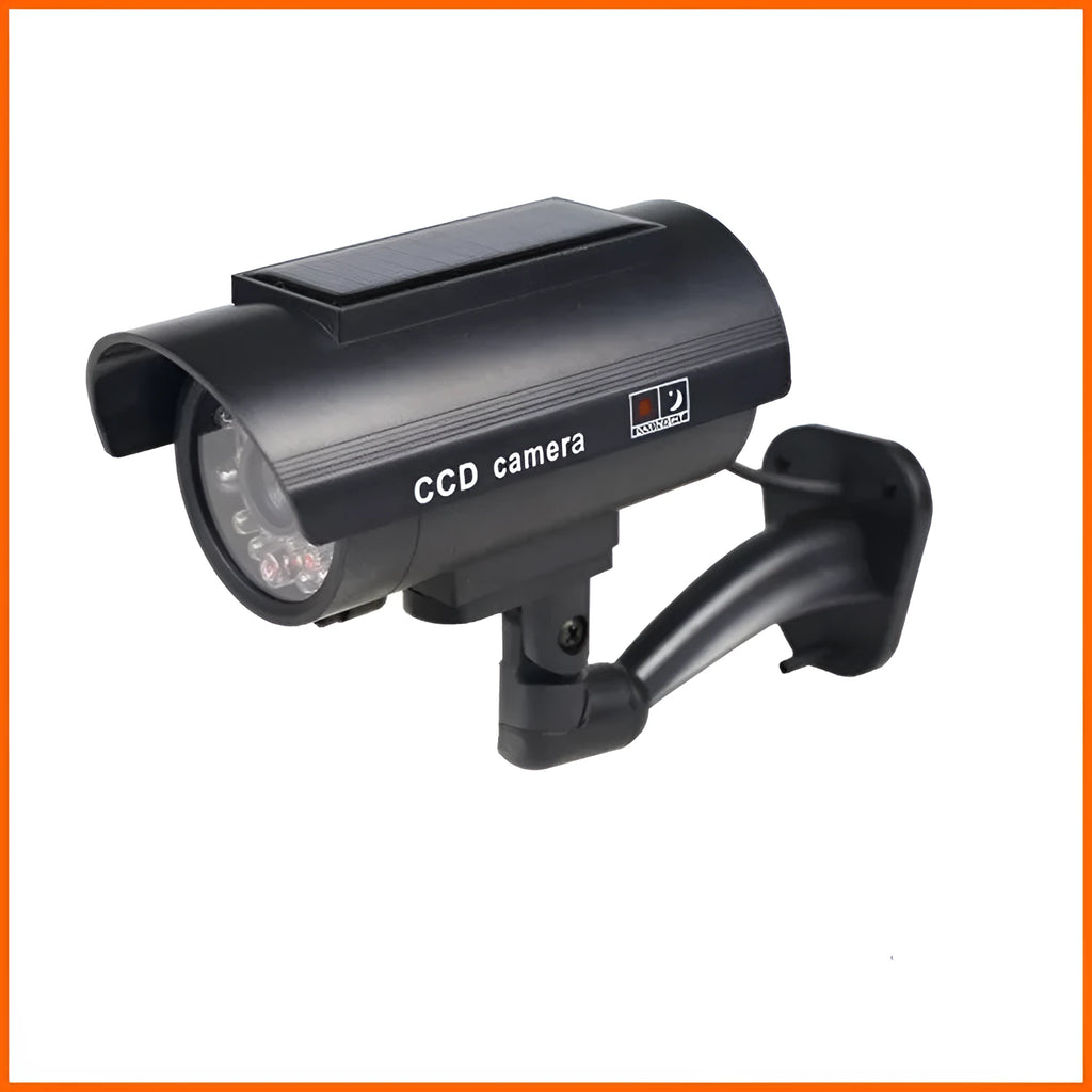 Black solar simulation gun camera security deterrent with flashing red LED light for property protection