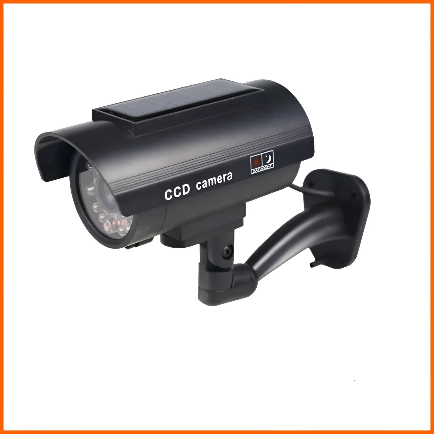 Black solar simulation gun camera security deterrent with flashing red LED light for property protection