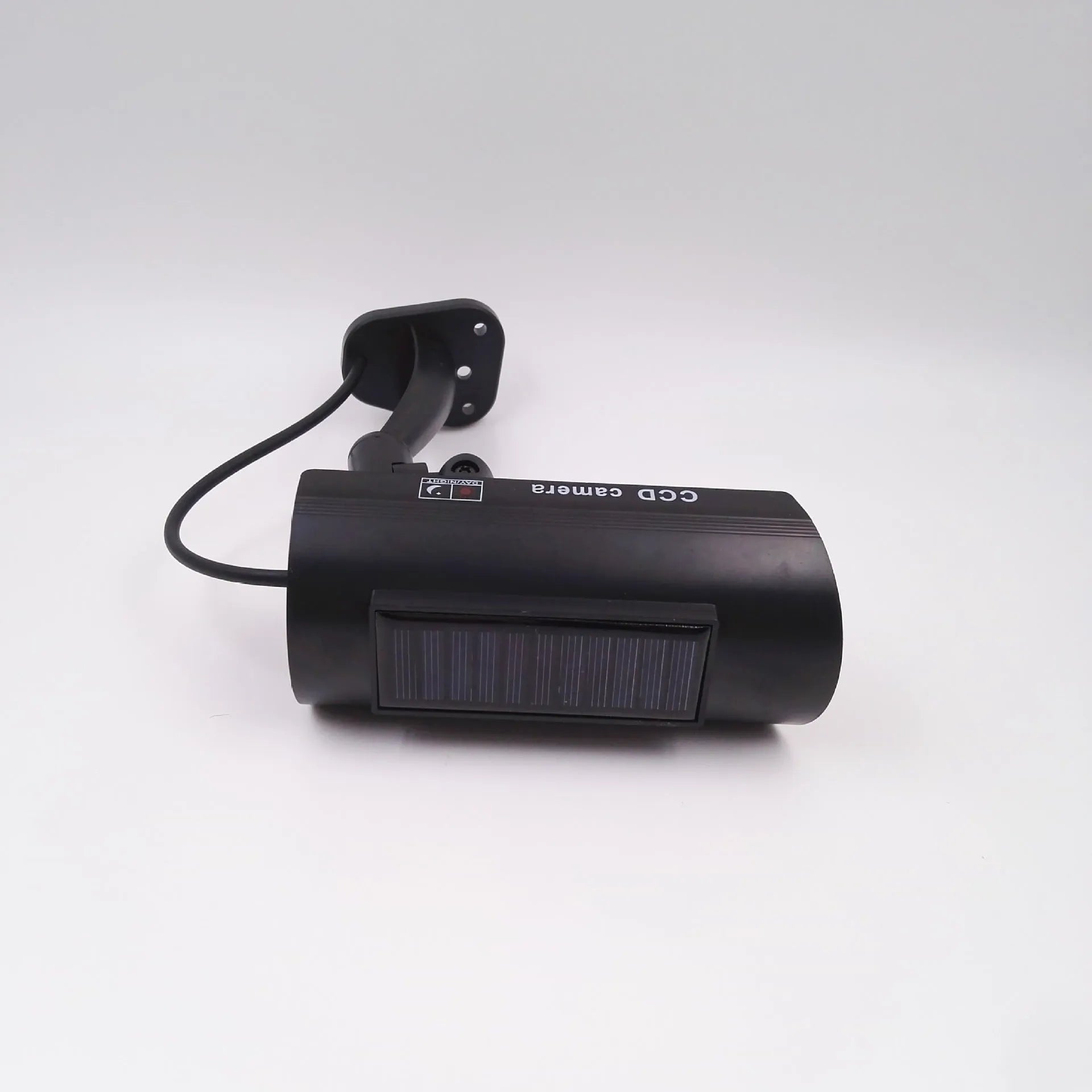 Black solar simulation gun camera security deterrent with flashing red LED light for property protection