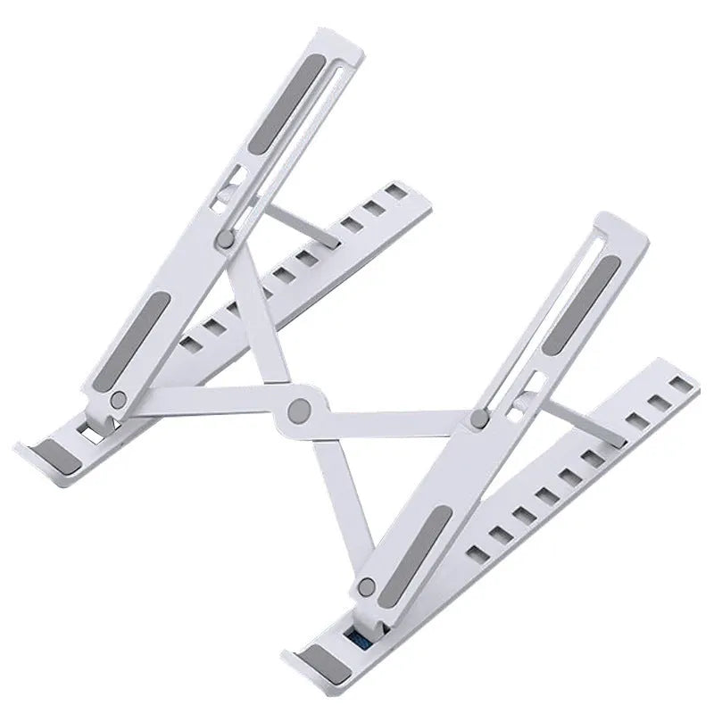 Black foldable laptop stand in an angled position on a wooden desk.