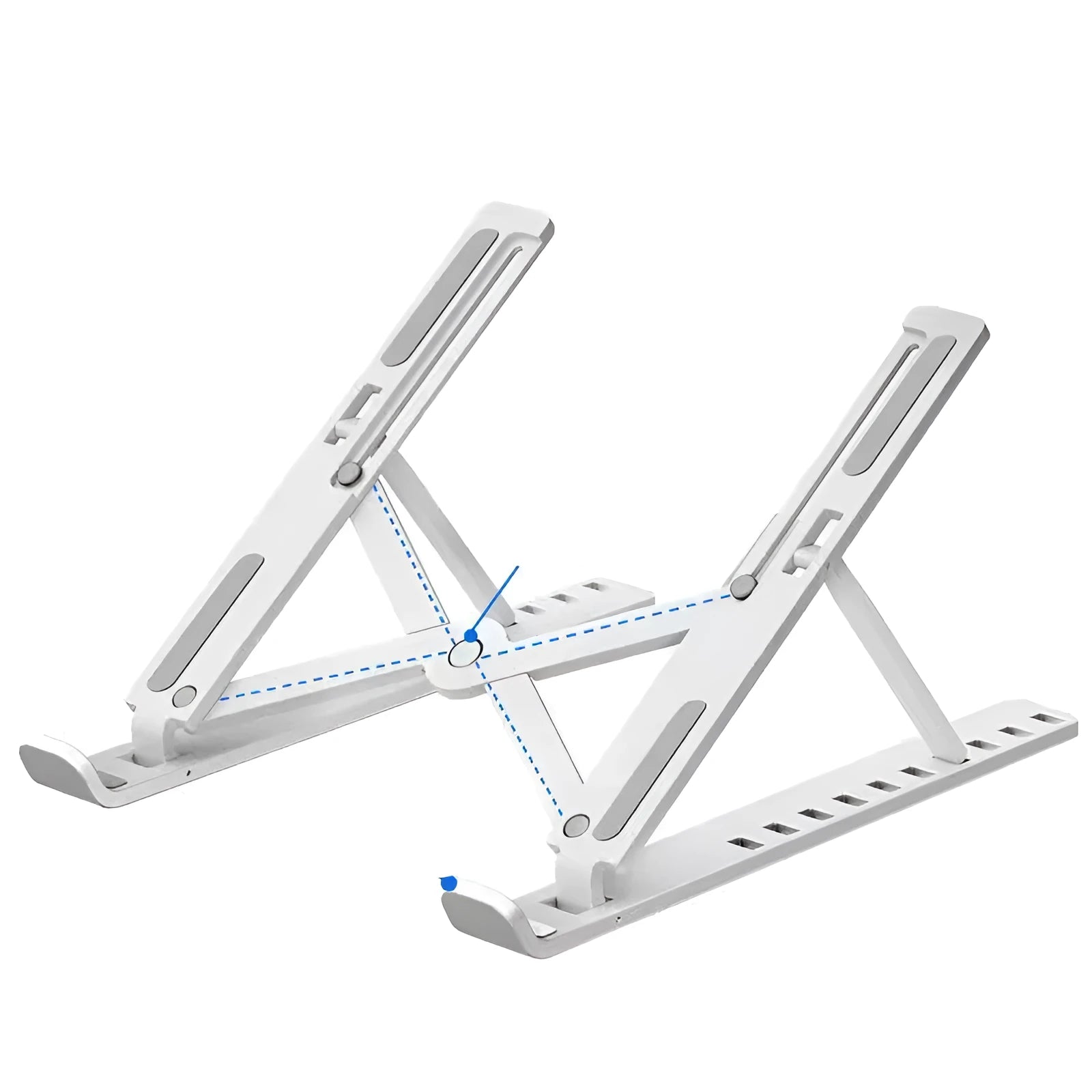 Black foldable laptop stand in an angled position on a wooden desk.