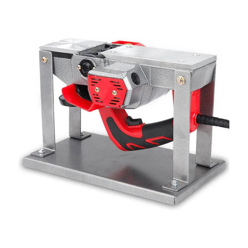 Black iron flip chip bracket for mounting an electric planer upside down, showing dust port.