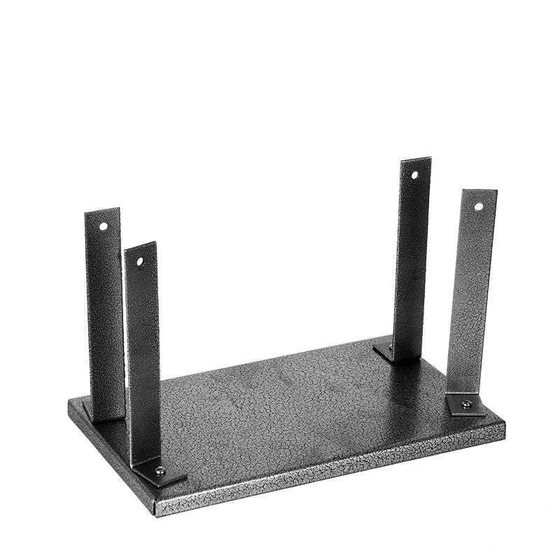 Black iron flip chip bracket for mounting an electric planer upside down, showing dust port.