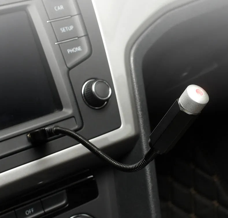Purple star effect car roof LED light with USB cable and aluminium housing.