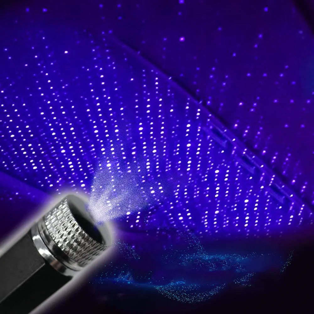 Purple star effect car roof LED light with USB cable and aluminium housing.