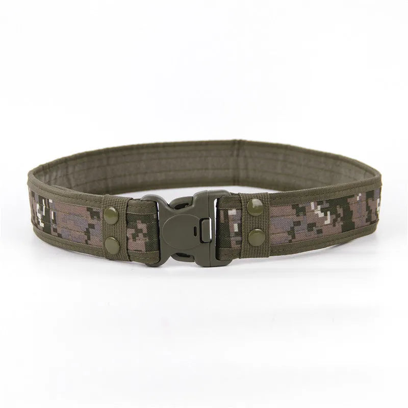 Wide edged thick canvas waist belt with plastic buckle, shown in green