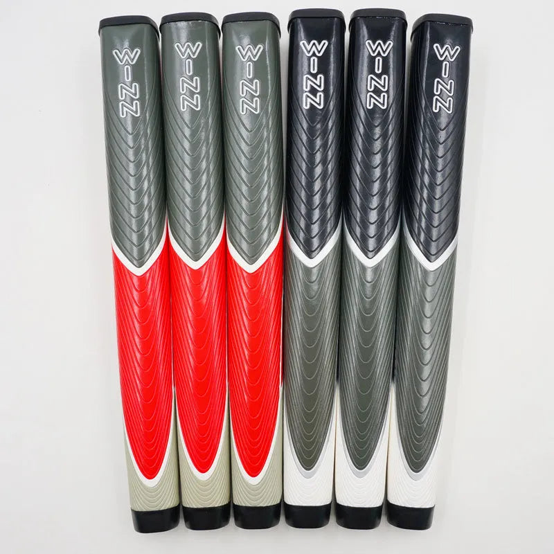 Set of four putting golf club grips in black, blue, grey, and red with 270mm length and rubber PU construction