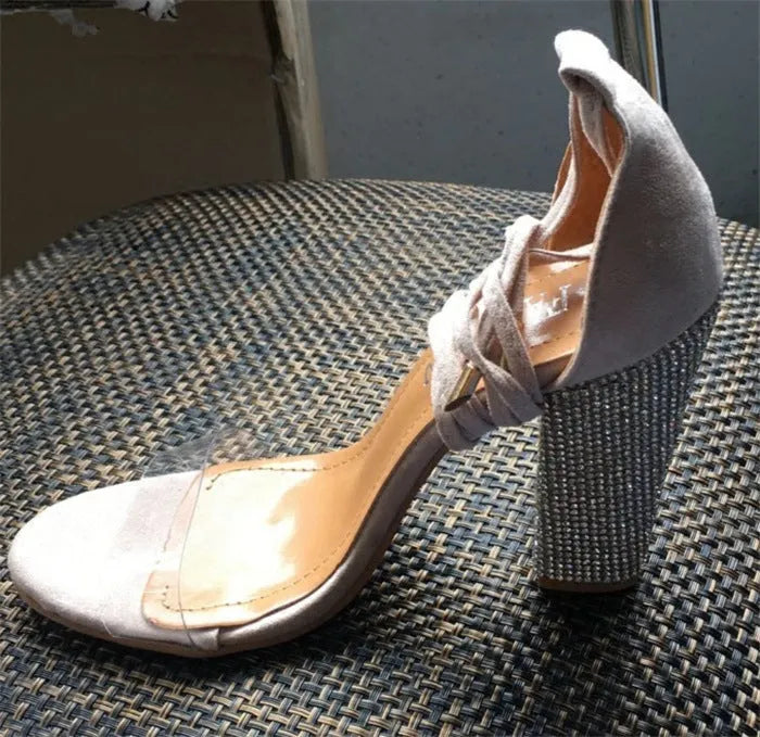 A pair of black pointed toe high heel shoes made of plastic on a white background.