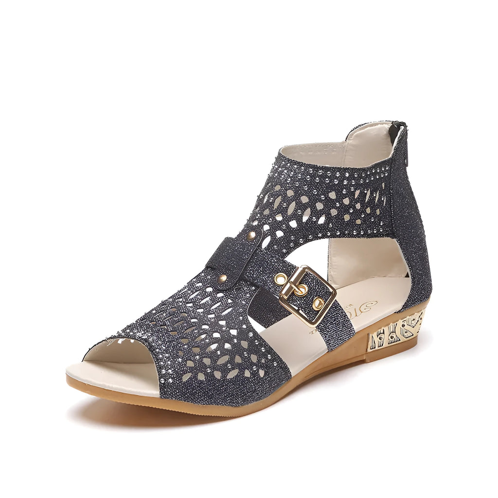 Women's beige fish mouth flat sandals with a back zipper and low wedge heel