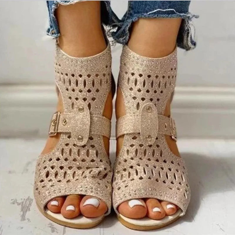 Women's beige fish mouth flat sandals with a back zipper and low wedge heel