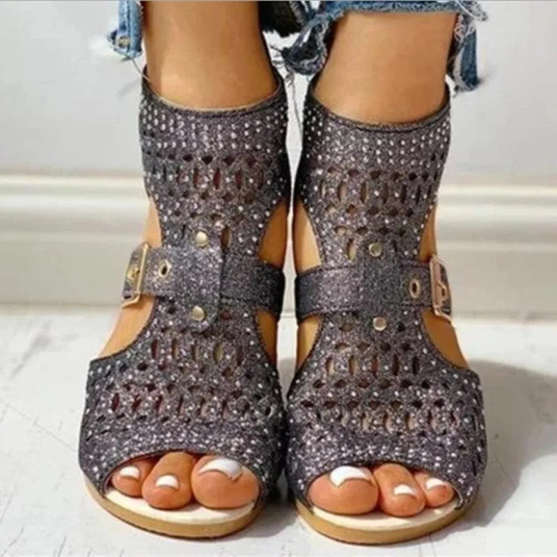 Women's beige fish mouth flat sandals with a back zipper and low wedge heel