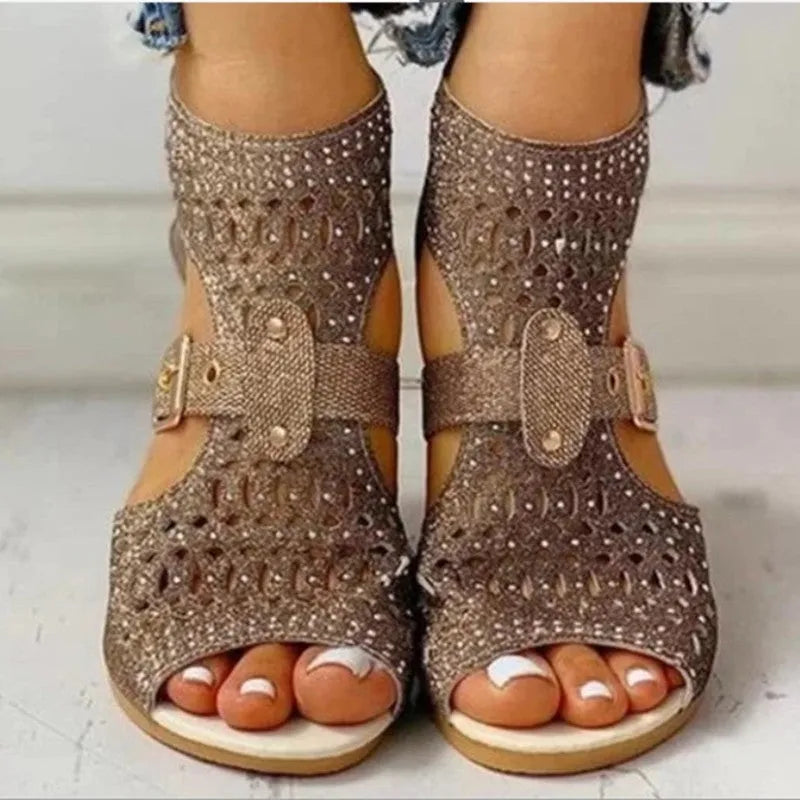 Women's beige fish mouth flat sandals with a back zipper and low wedge heel