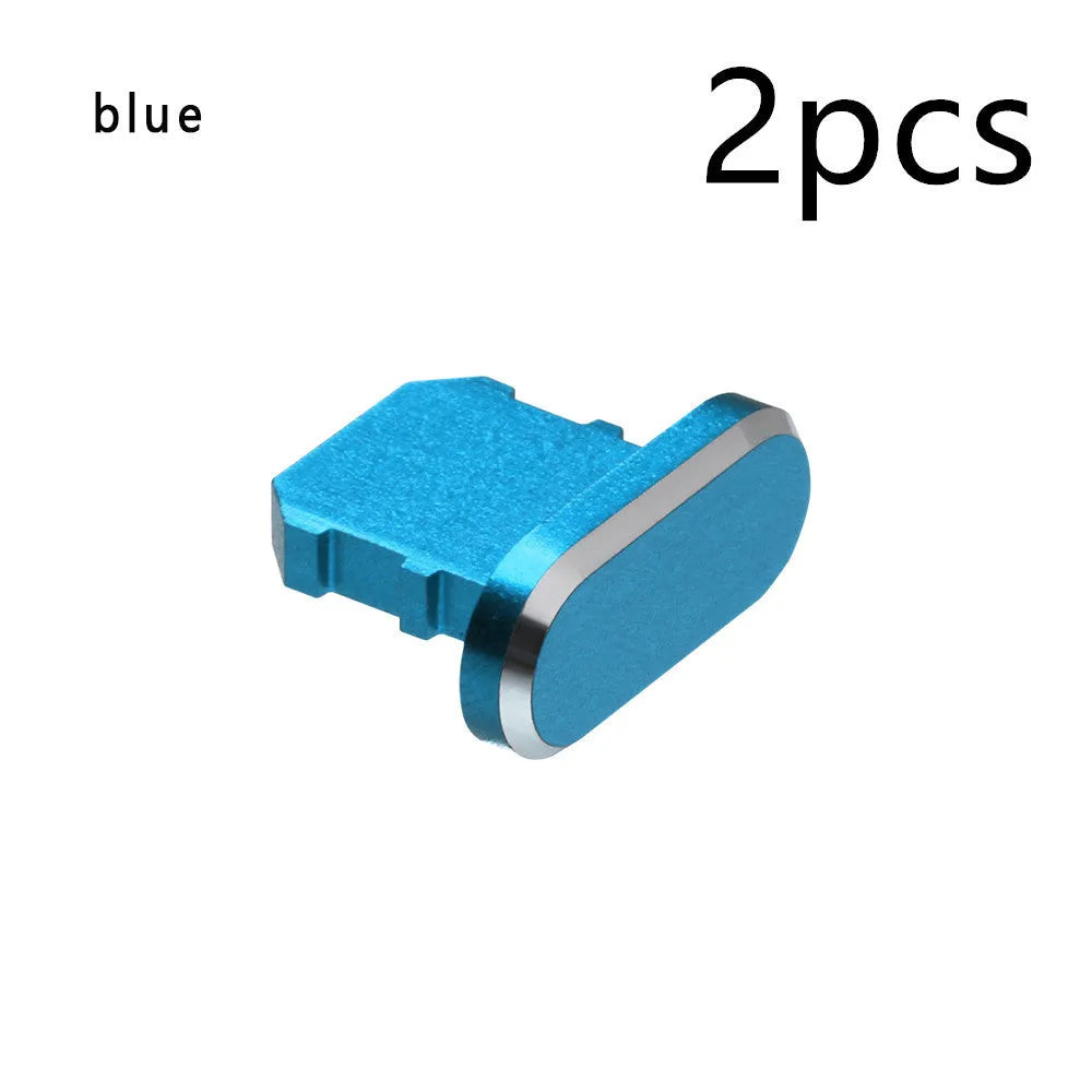 Aluminium alloy charging port dust plug for iPhone in various metallic colours including gold and rose gold.
