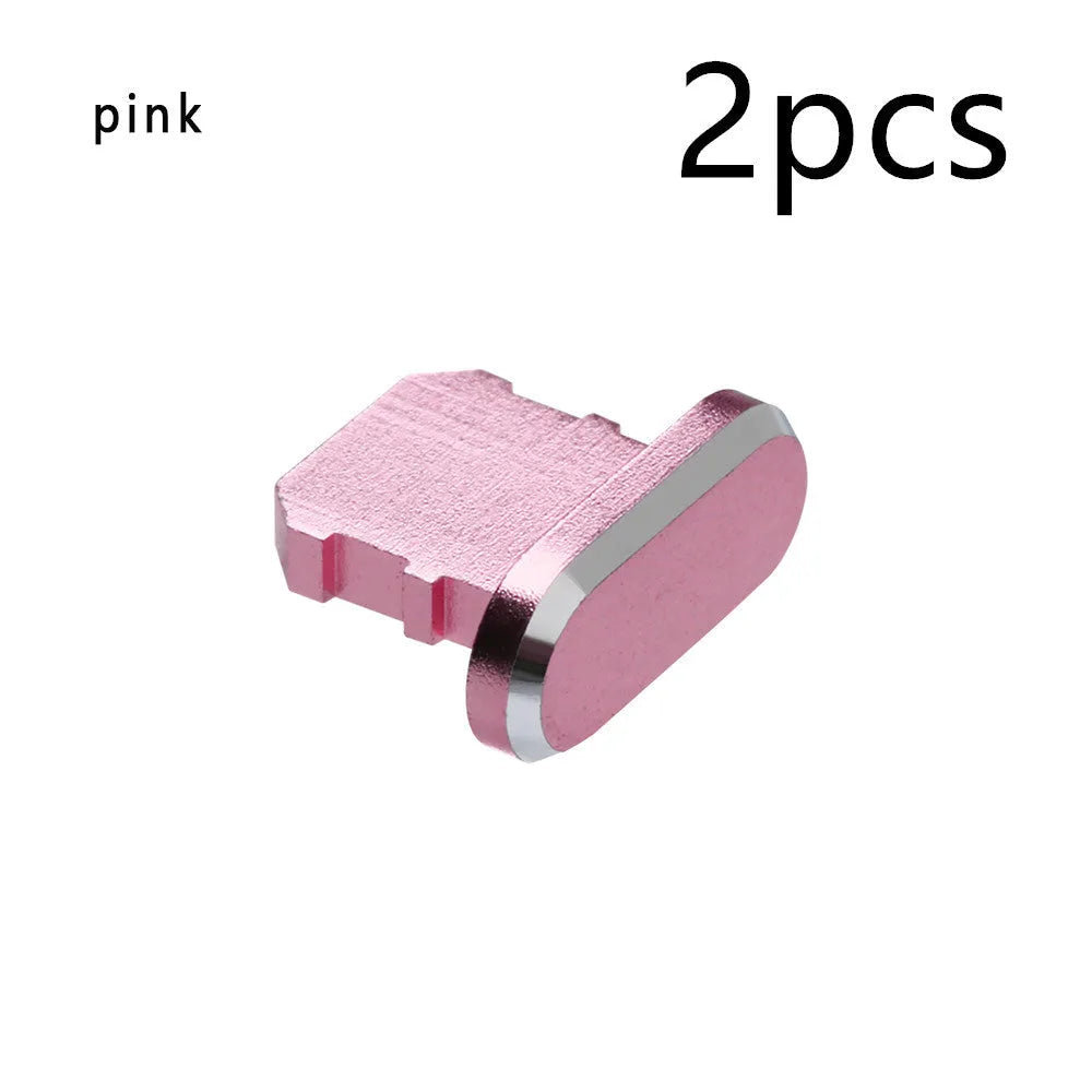 Aluminium alloy charging port dust plug for iPhone in various metallic colours including gold and rose gold.