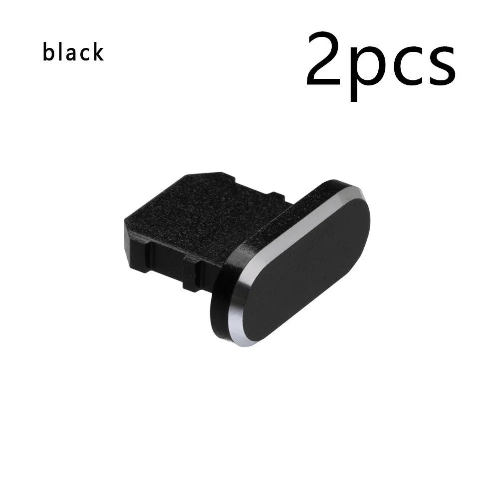 Aluminium alloy charging port dust plug for iPhone in various metallic colours including gold and rose gold.