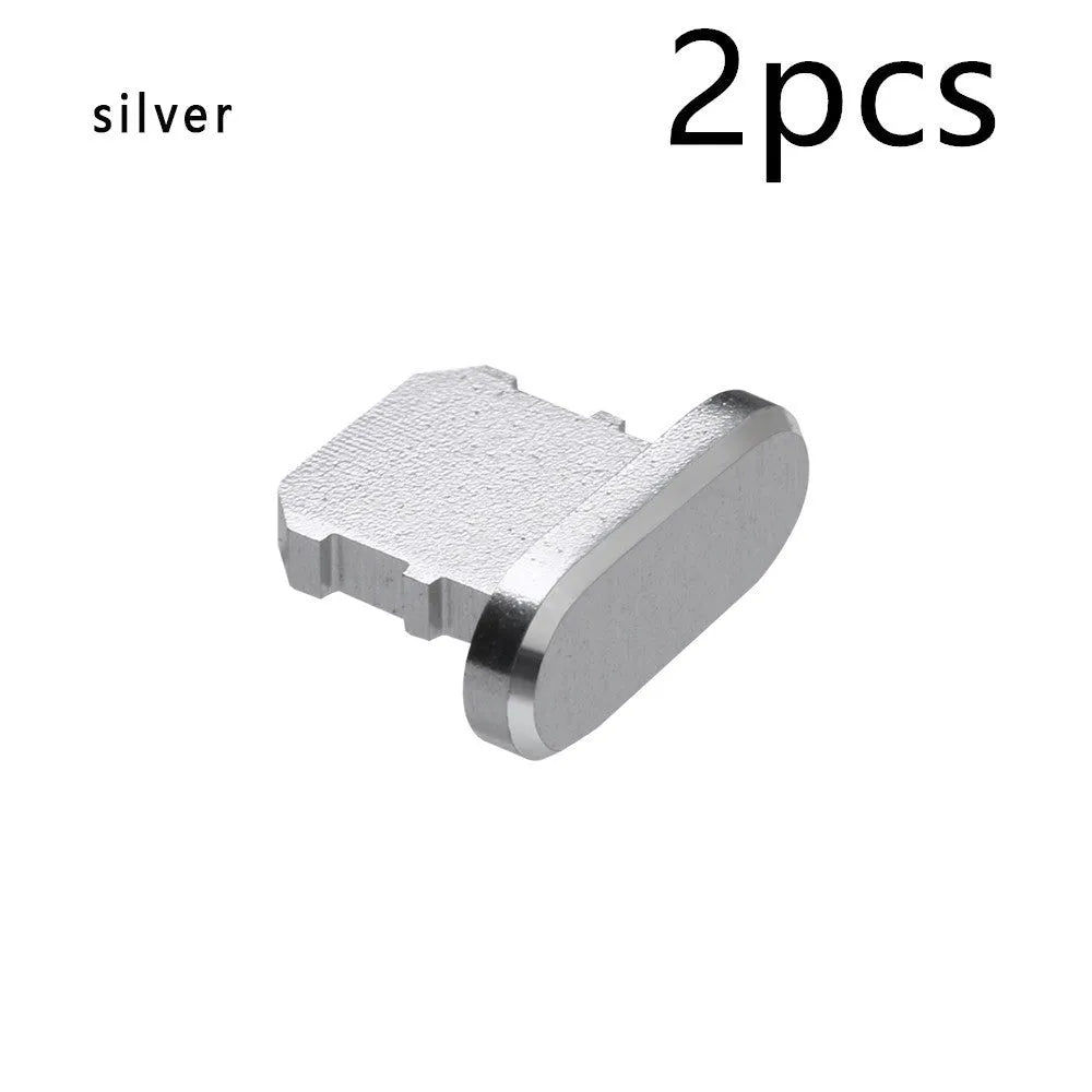 Aluminium alloy charging port dust plug for iPhone in various metallic colours including gold and rose gold.