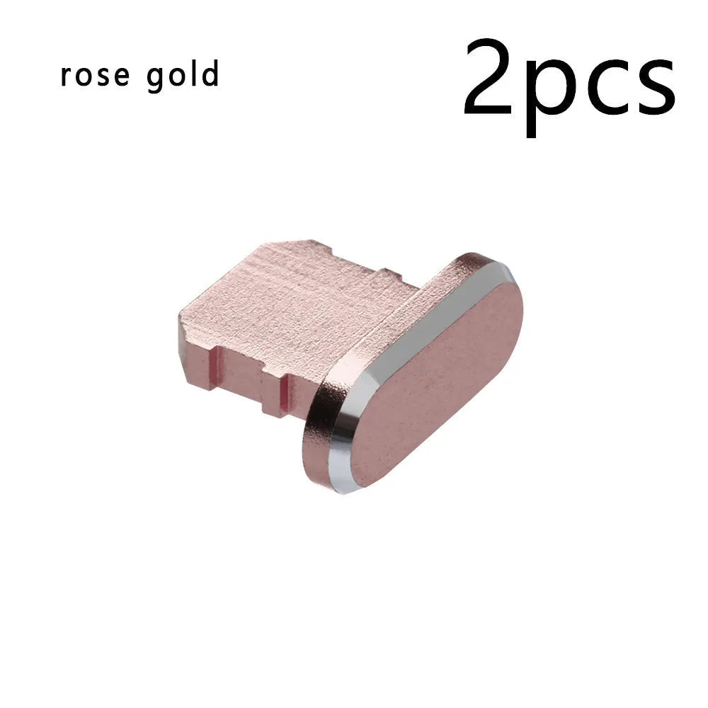 Aluminium alloy charging port dust plug for iPhone in various metallic colours including gold and rose gold.