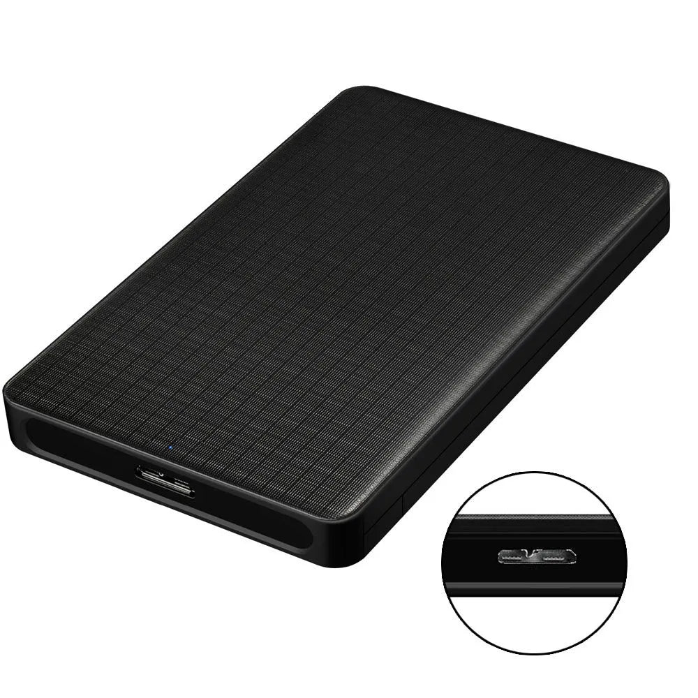 Black grid pattern USB 3.0 external hard disk enclosure for 2.5-inch SATA drives with dual LED indicators