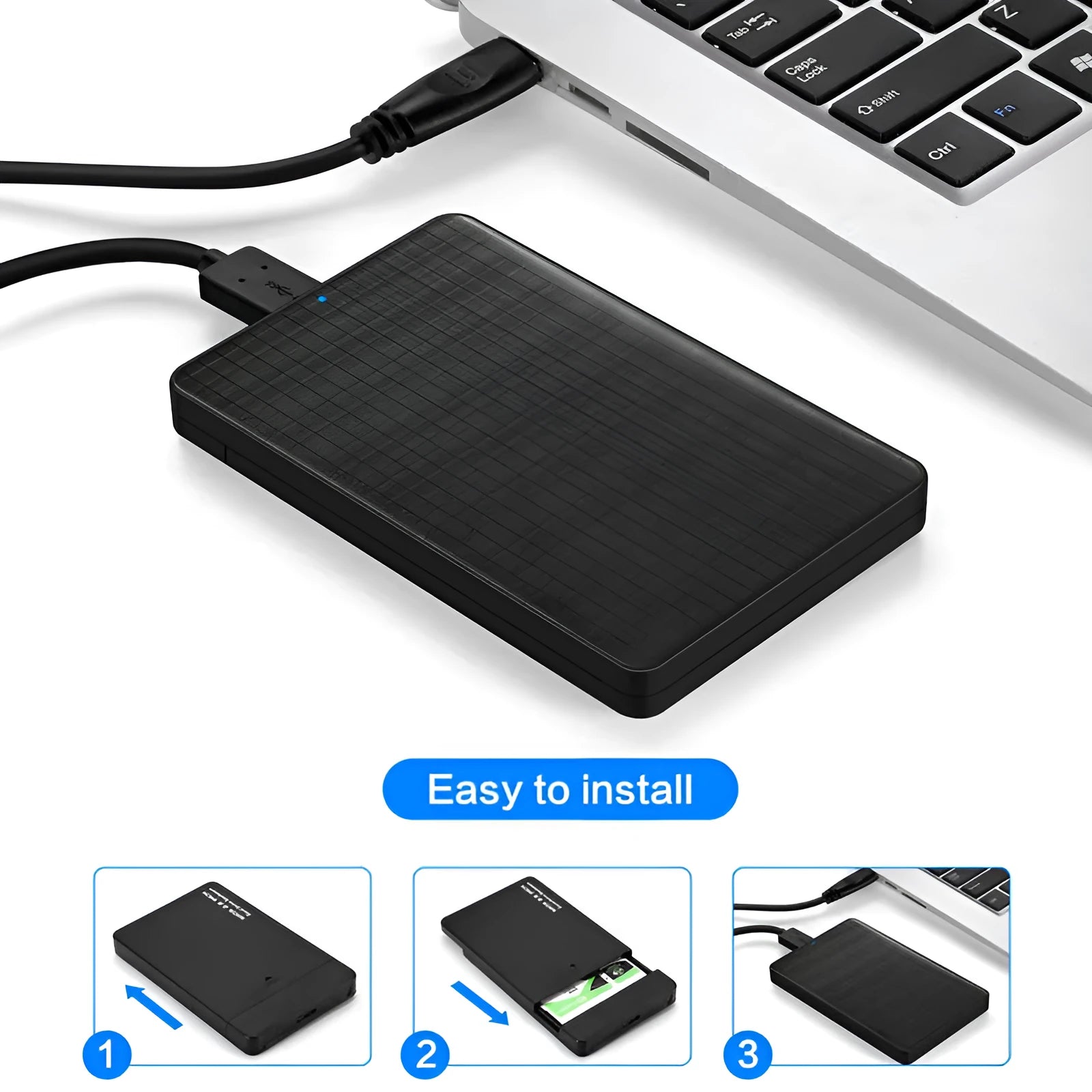 Black grid pattern USB 3.0 external hard disk enclosure for 2.5-inch SATA drives with dual LED indicators