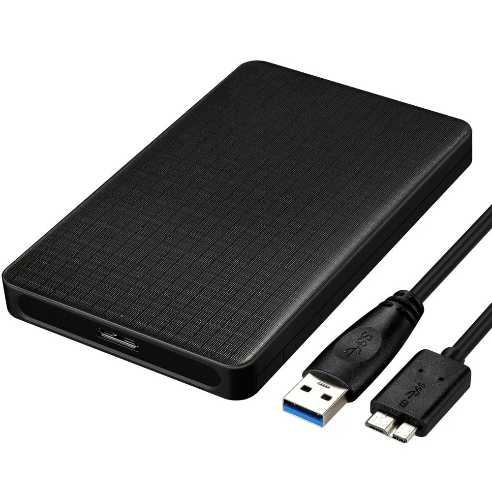 Black grid pattern USB 3.0 external hard disk enclosure for 2.5-inch SATA drives with dual LED indicators