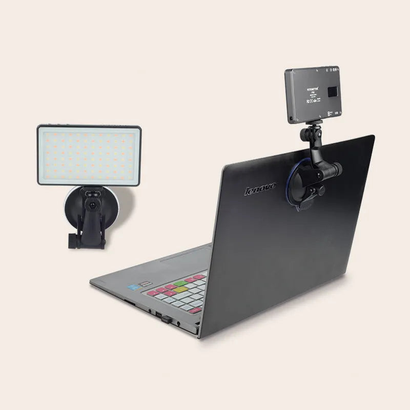 Black aluminium LED video light for laptop webcam with 96 LEDs and a built-in battery.