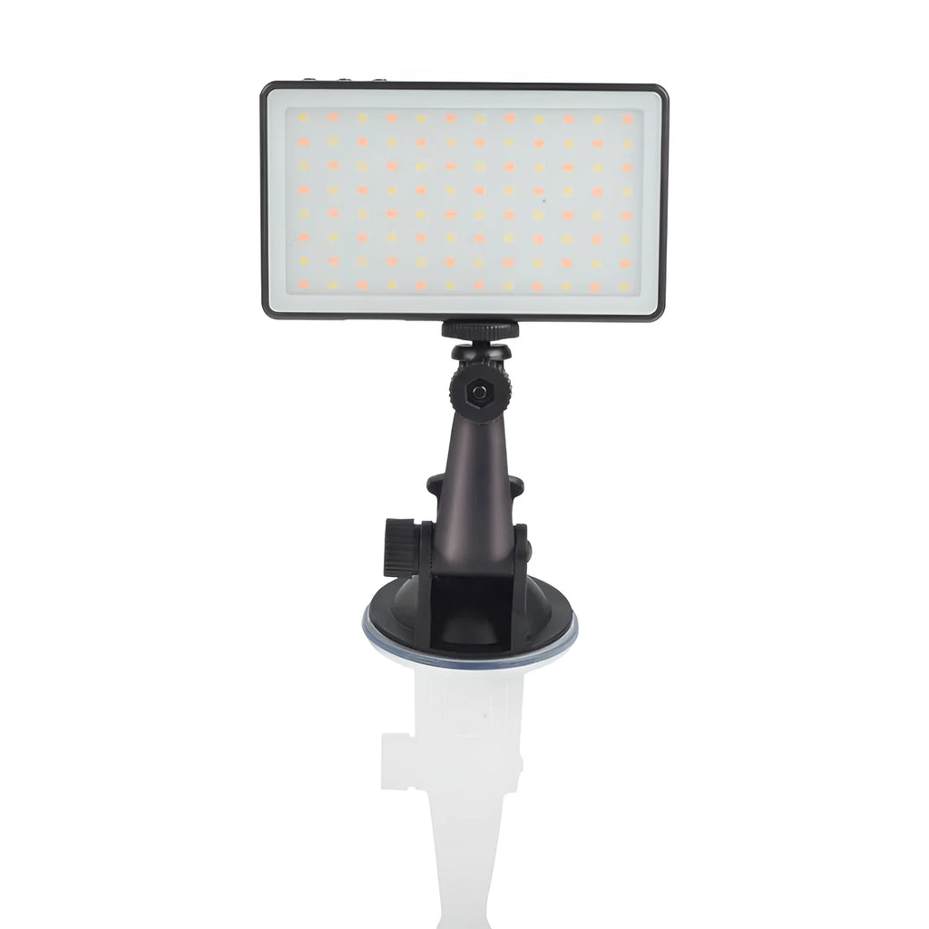 Black aluminium LED video light for laptop webcam with 96 LEDs and a built-in battery.