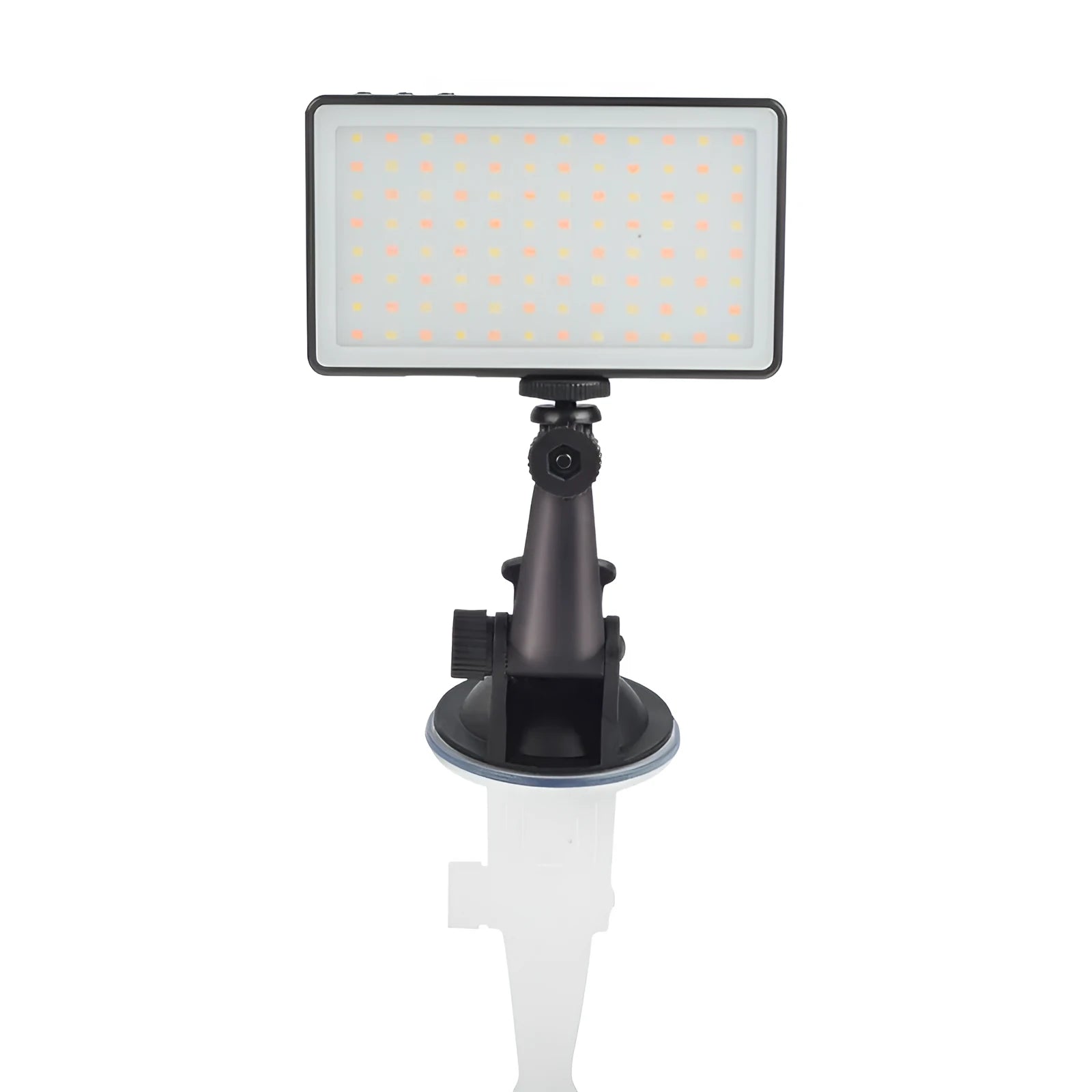 Black aluminium LED video light for laptop webcam with 96 LEDs and a built-in battery.